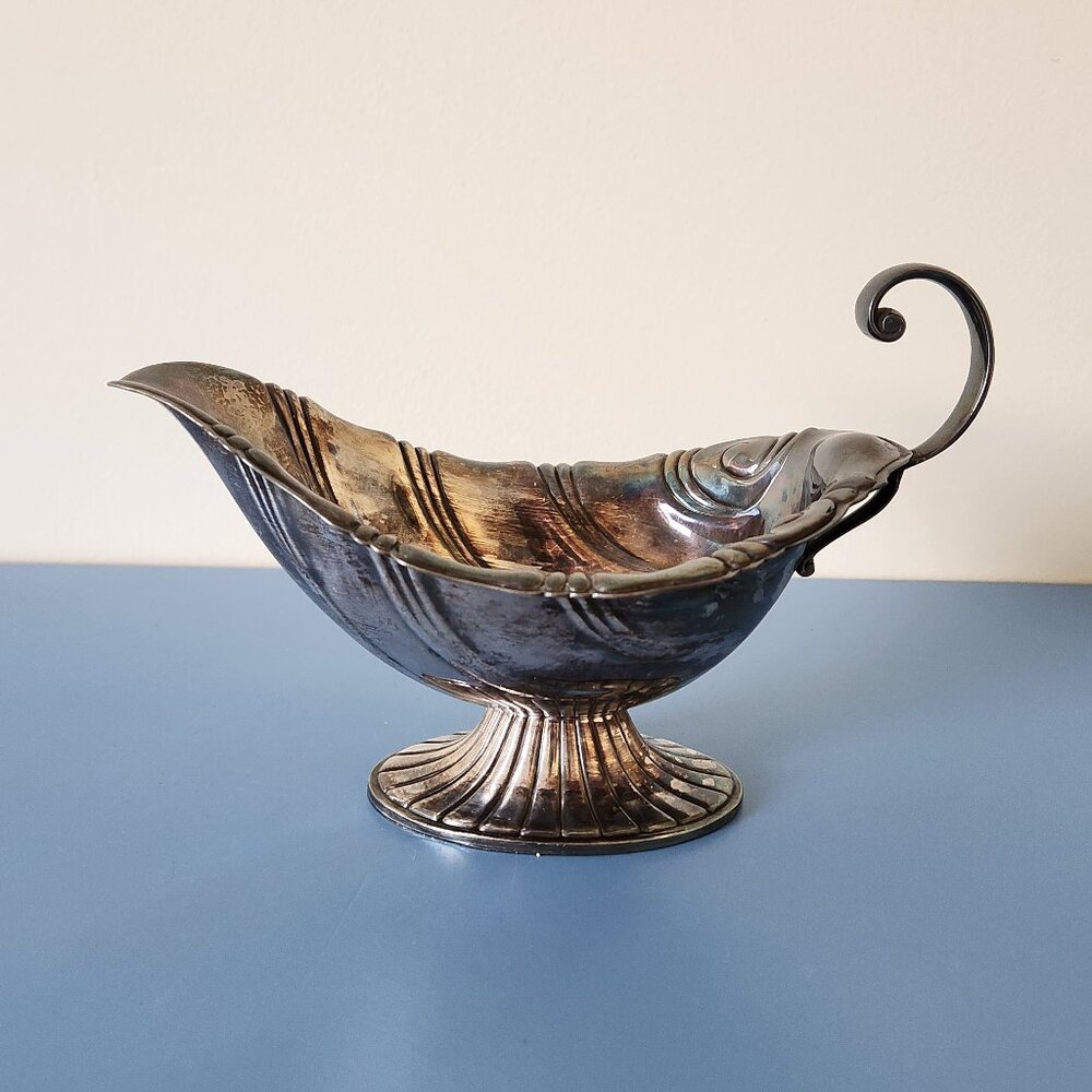 SILVER PLATED GRAVY BOAT, ROGERS, DINING, ANTIQUE, PEDESTAL